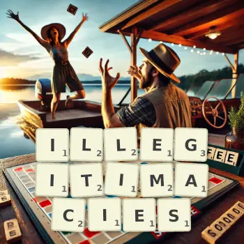 Creative illustration for a Scrabble game with the word ILLEGITIMACIES spelled out in tiles on the board.