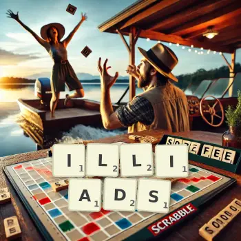 Creative illustration for a Scrabble game with the word ILLIADS spelled out in tiles on the board.