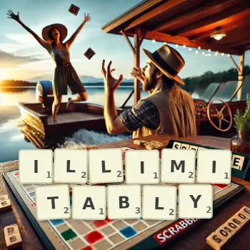 Creative illustration for a Scrabble game with the word ILLIMITABLY spelled out in tiles on the board.