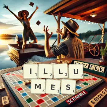 Creative illustration for a Scrabble game with the word ILLUMES spelled out in tiles on the board.