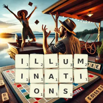 Creative illustration for a Scrabble game with the word ILLUMINATIONS spelled out in tiles on the board.