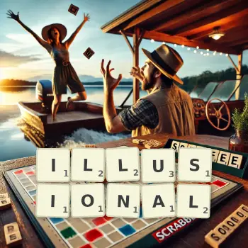 Creative illustration for a Scrabble game with the word ILLUSIONAL spelled out in tiles on the board.