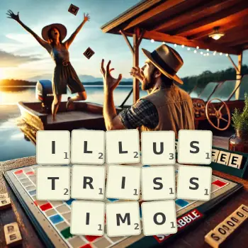 Creative illustration for a Scrabble game with the word ILLUSTRISSIMO spelled out in tiles on the board.