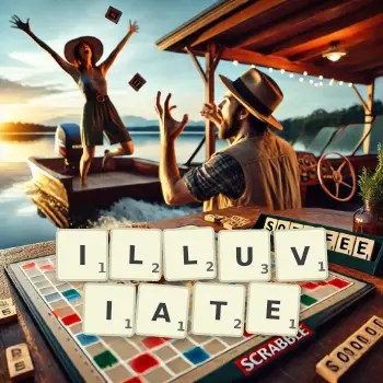 Creative illustration for a Scrabble game with the word ILLUVIATE spelled out in tiles on the board.