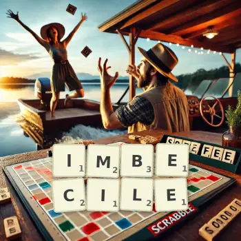 Creative illustration for a Scrabble game with the word IMBECILE spelled out in tiles on the board.