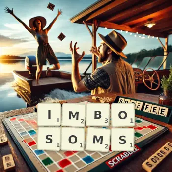 Creative illustration for a Scrabble game with the word IMBOSOMS spelled out in tiles on the board.