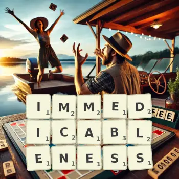 Creative illustration for a Scrabble game with the word IMMEDICABLENESS spelled out in tiles on the board.