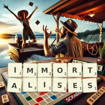 Creative illustration for a Scrabble game with the word IMMORTALISES spelled out in tiles on the board.