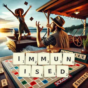 Creative illustration for a Scrabble game with the word IMMUNISED spelled out in tiles on the board.