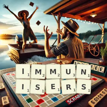 Creative illustration for a Scrabble game with the word IMMUNISERS spelled out in tiles on the board.
