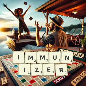 Creative illustration for a Scrabble game with the word IMMUNIZER spelled out in tiles on the board.