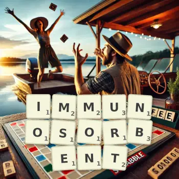 Creative illustration for a Scrabble game with the word IMMUNOSORBENT spelled out in tiles on the board.