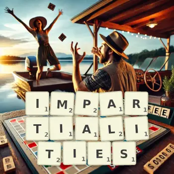 Creative illustration for a Scrabble game with the word IMPARTIALITIES spelled out in tiles on the board.