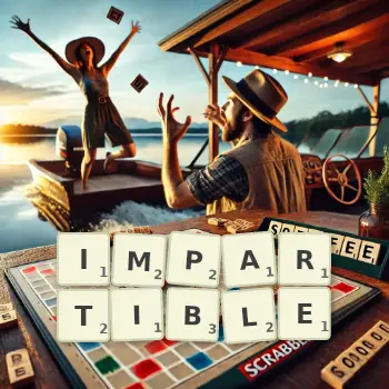 Creative illustration for a Scrabble game with the word IMPARTIBLE spelled out in tiles on the board.