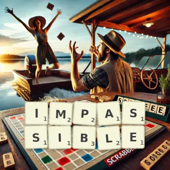 Creative illustration for a Scrabble game with the word IMPASSIBLE spelled out in tiles on the board.