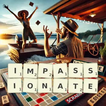 Creative illustration for a Scrabble game with the word IMPASSIONATE spelled out in tiles on the board.