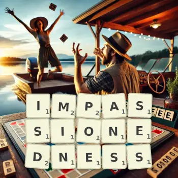 Creative illustration for a Scrabble game with the word IMPASSIONEDNESS spelled out in tiles on the board.