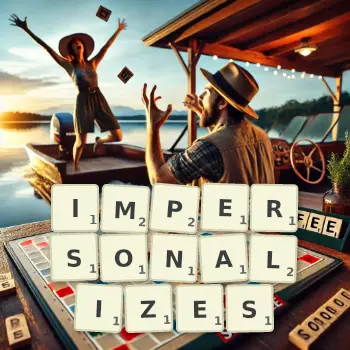 Creative illustration for a Scrabble game with the word IMPERSONALIZES spelled out in tiles on the board.