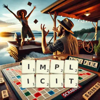 Creative illustration for a Scrabble game with the word IMPLICIT spelled out in tiles on the board.
