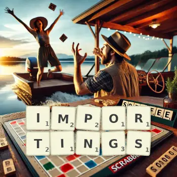 Creative illustration for a Scrabble game with the word IMPORTINGS spelled out in tiles on the board.