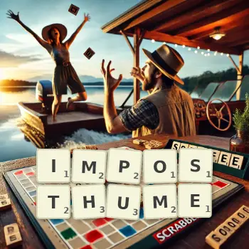 Creative illustration for a Scrabble game with the word IMPOSTHUME spelled out in tiles on the board.