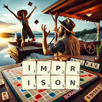 Creative illustration for a Scrabble game with the word IMPRISON spelled out in tiles on the board.