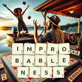 Creative illustration for a Scrabble game with the word IMPROBABLENESS spelled out in tiles on the board.