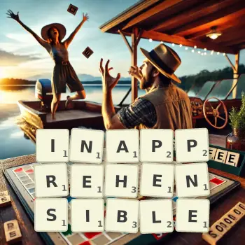 Creative illustration for a Scrabble game with the word INAPPREHENSIBLE spelled out in tiles on the board.