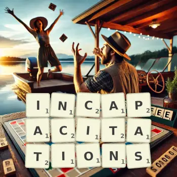 Creative illustration for a Scrabble game with the word INCAPACITATIONS spelled out in tiles on the board.