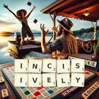 Creative illustration for a Scrabble game with the word INCISIVELY spelled out in tiles on the board.