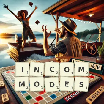 Creative illustration for a Scrabble game with the word INCOMMODES spelled out in tiles on the board.
