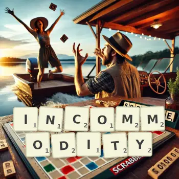 Creative illustration for a Scrabble game with the word INCOMMODITY spelled out in tiles on the board.