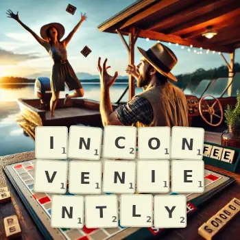 Creative illustration for a Scrabble game with the word INCONVENIENTLY spelled out in tiles on the board.