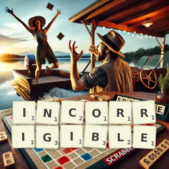 Creative illustration for a Scrabble game with the word INCORRIGIBLE spelled out in tiles on the board.