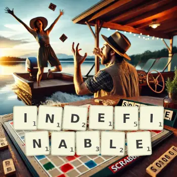 Creative illustration for a Scrabble game with the word INDEFINABLE spelled out in tiles on the board.