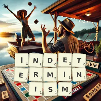 Creative illustration for a Scrabble game with the word INDETERMINISM spelled out in tiles on the board.