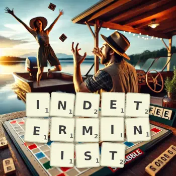 Creative illustration for a Scrabble game with the word INDETERMINIST spelled out in tiles on the board.