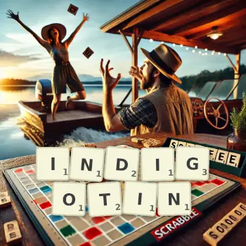 Creative illustration for a Scrabble game with the word INDIGOTIN spelled out in tiles on the board.