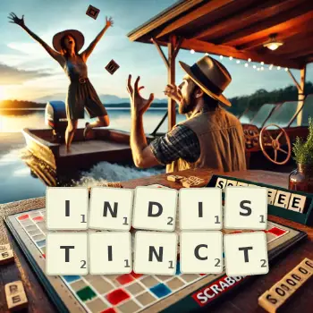 Creative illustration for a Scrabble game with the word INDISTINCT spelled out in tiles on the board.