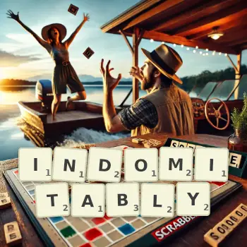 Creative illustration for a Scrabble game with the word INDOMITABLY spelled out in tiles on the board.