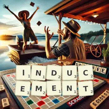 Creative illustration for a Scrabble game with the word INDUCEMENT spelled out in tiles on the board.