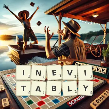 Creative illustration for a Scrabble game with the word INEVITABLY spelled out in tiles on the board.