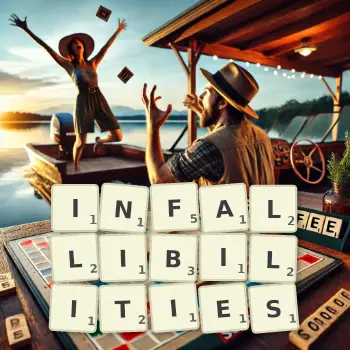 Creative illustration for a Scrabble game with the word INFALLIBILITIES spelled out in tiles on the board.