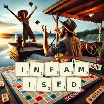 Creative illustration for a Scrabble game with the word INFAMISED spelled out in tiles on the board.