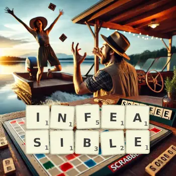Creative illustration for a Scrabble game with the word INFEASIBLE spelled out in tiles on the board.