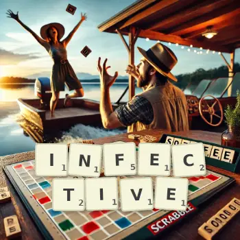 Creative illustration for a Scrabble game with the word INFECTIVE spelled out in tiles on the board.