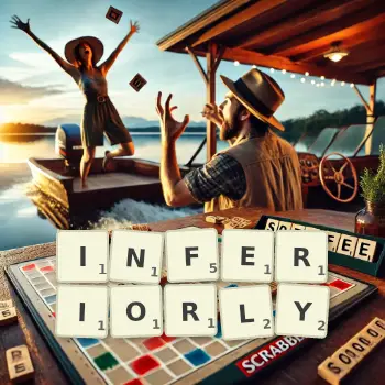 Creative illustration for a Scrabble game with the word INFERIORLY spelled out in tiles on the board.