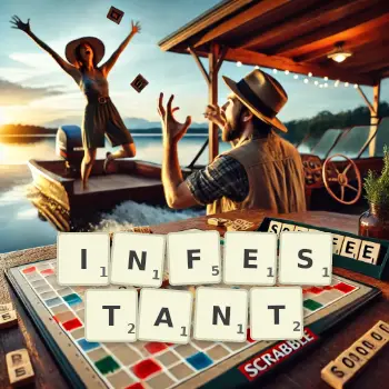 Creative illustration for a Scrabble game with the word INFESTANT spelled out in tiles on the board.
