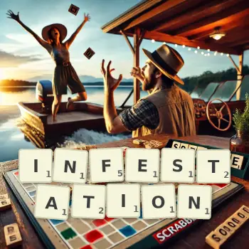 Creative illustration for a Scrabble game with the word INFESTATION spelled out in tiles on the board.