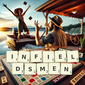 Creative illustration for a Scrabble game with the word INFIELDSMEN spelled out in tiles on the board.